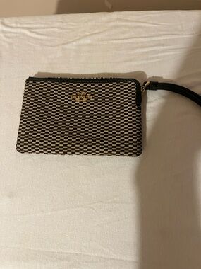 Coach Black and Cream Woven Zip Wristlet with Gold Logo